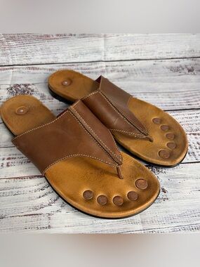 Juil Vista Brown Leather Earthy Copper Thong Flat Sandals Size 10